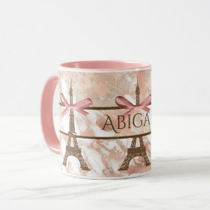 Caneca Torre Eiffel Personalizada Branca, Rosa Rosa Marbl