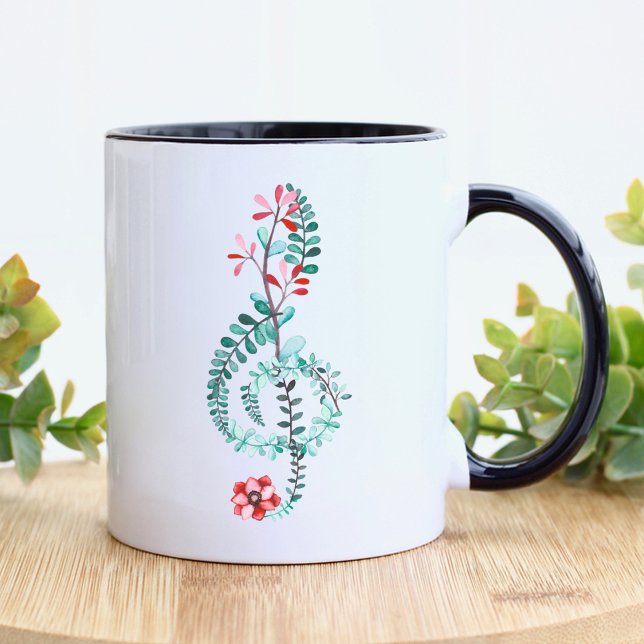 Caneca Treble Clef Music Gift Musical Teacher Banda (Treble clef mug with a floral watercolor design.)