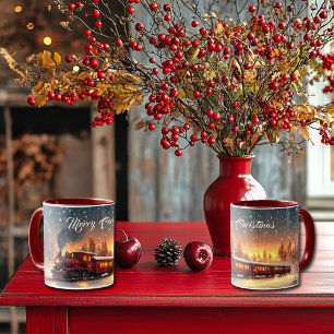 Caneca Trem de Natal Alegre Flocos de Neve Luzes Brilhant