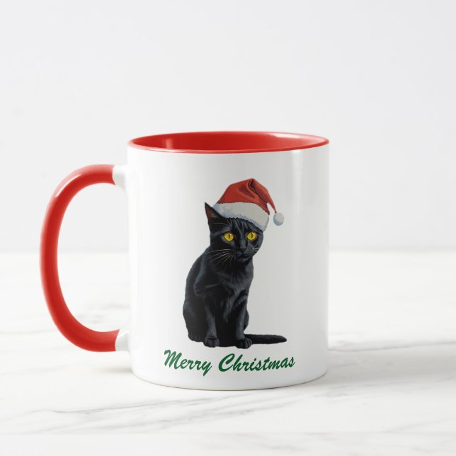 Caneca Trendy Gato Negra de Natal Gato em Santa Hat (Esquerda)