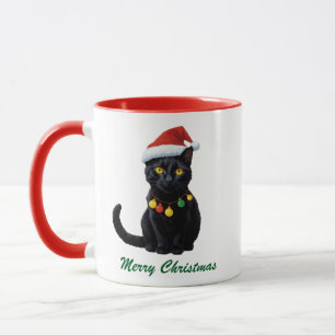 Caneca Trendy Gato Negra de Natal Gato em Santa Hat