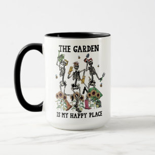 Caneca Três Esqueletos Dançando Jardim É Meu Lugar Feliz
