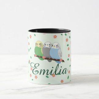 Caneca Três Lindos Periquitos Florais Flor de Cerejeira