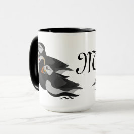 Caneca Três Puffins Adoravelmente Amáveis Nadando Cartoon