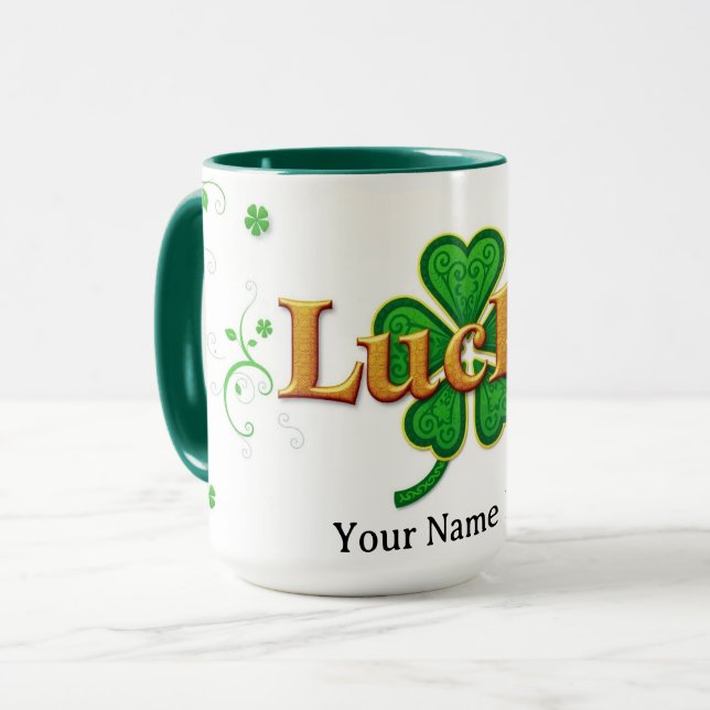 Caneca Trevo de quatro folhas moderno verde com padrão (Frente Esquerda)