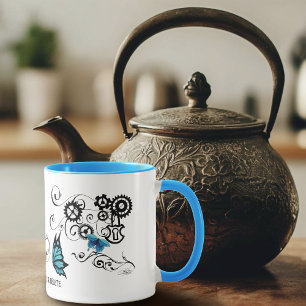 Caneca Tribal Azul Borboletas Engrenagem Rodopio steampun