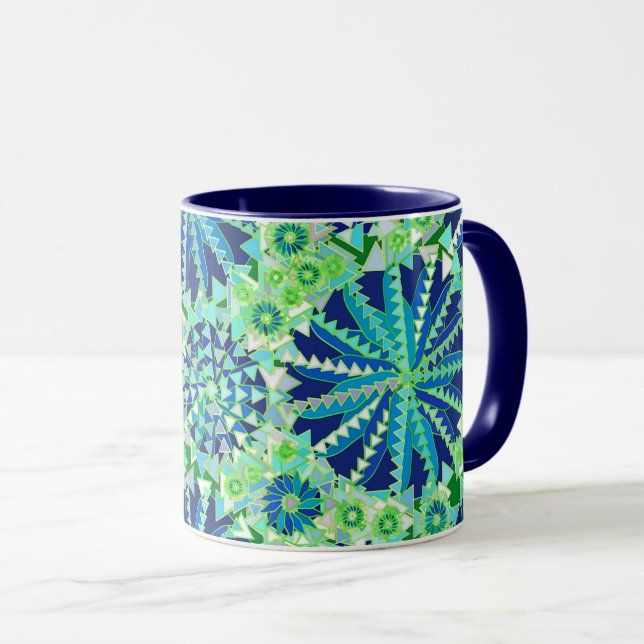 Caneca Tribal Mandala Impressão, Cobalt Azul e Verde (Frente Esquerda)