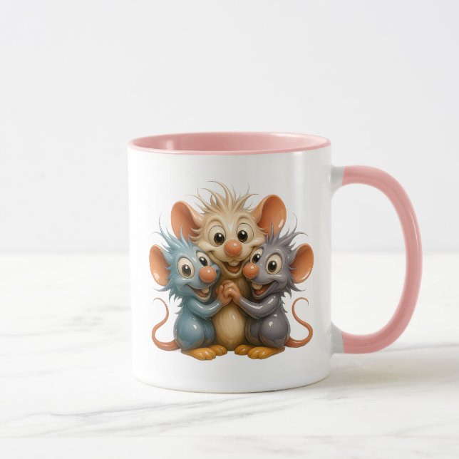 Caneca Trio de souris 3D joyeuses avec reflets. (Direita)