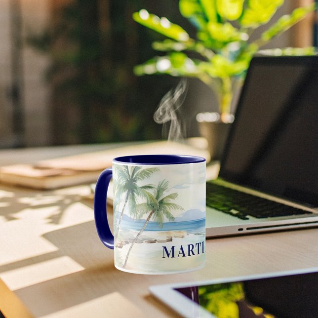 Caneca Tropical beach palm trees name blue (Criador carregado)