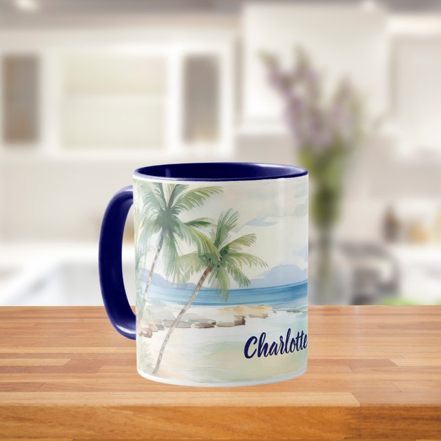 Caneca Tropical beach palm trees name blue summer (Criador carregado)