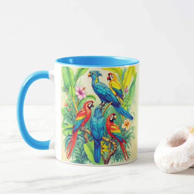 Caneca Tropical Birds Botanical Illustration (Com Donut)