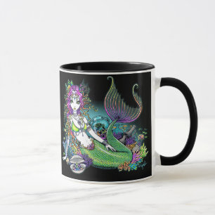 Caneca tropical da arte da sereia do arco-íris de