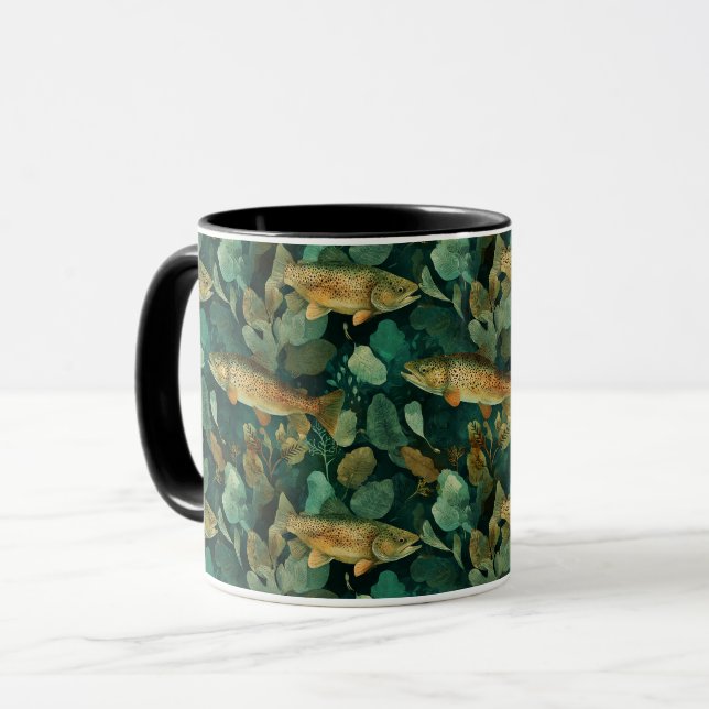 Caneca Truta Marrom Sofisticada Peixe Verde Aquarela (Frente Esquerda)