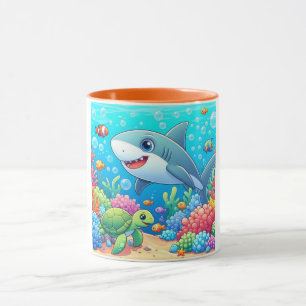 Caneca Tubarão e tartaruga submarinos coloridos tropicais