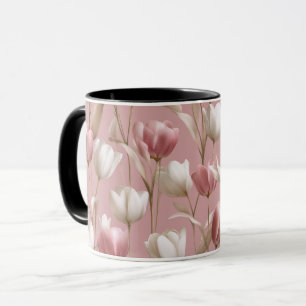 Caneca Tulipa Rosa Suave Padrão Floral Branco