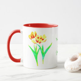 Caneca Tulipas amarelas e vermelhas, combinação com texto