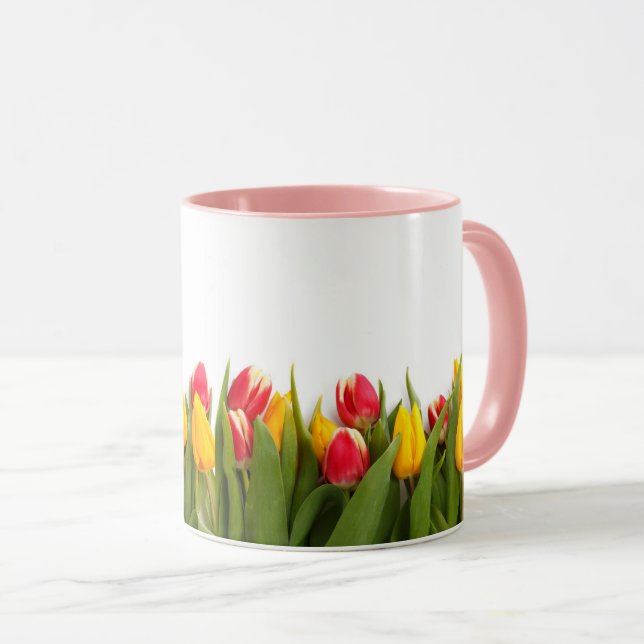 Caneca Tulipas Amarelas Vermelhas, Jovens Vibrantes, Flor (Frente Esquerda)