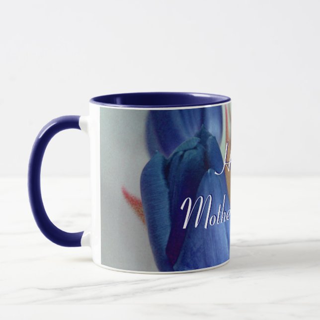 Caneca Tulipas Azuis de Dia de as mães Feliz (Esquerda)