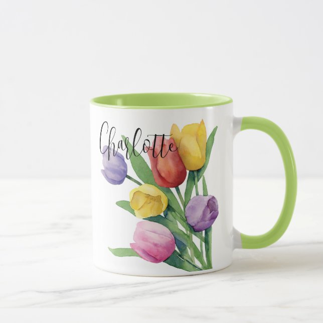 Caneca Tulipas de Primavera de Aquarela (Direita)