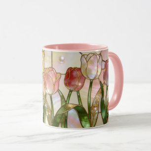 Caneca Tulipas Rosa e Amarela em Estilo de Vitral