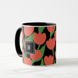 Caneca Tulipas vermelhas retro, monograma personalizado M