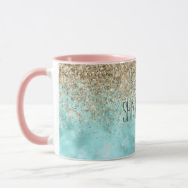 Caneca Turquesa Aqua Dourado Glitter Sparkle  