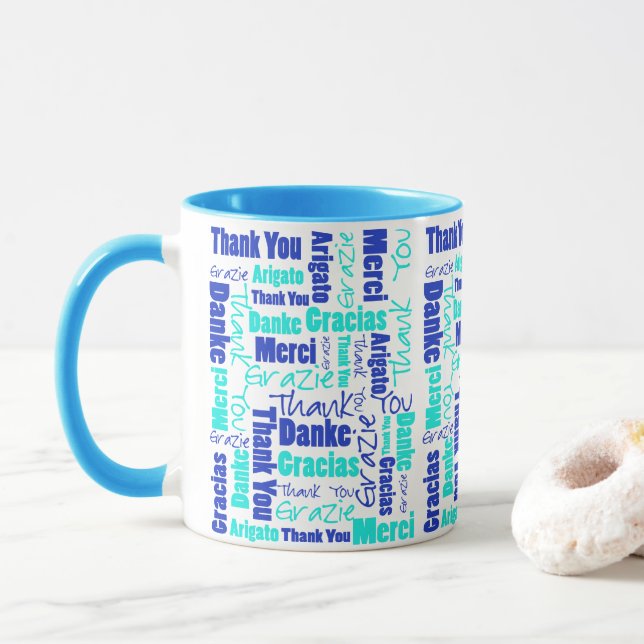 Caneca Turquesa Azul Multilíngue Obrigado Palavra (Com Donut)