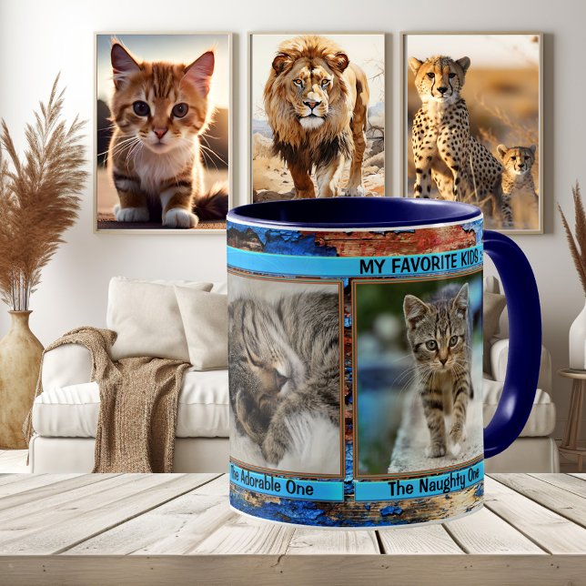 Caneca Turquesa Blue Personalizado Cats Engraçados Fotogr (Funny cat photo mug with a grunge artistic turquoise blue framing - kittens optional)