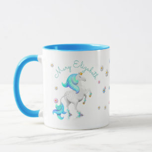 Caneca Turquesa Blue Unicorn Princess com Ouro Crown