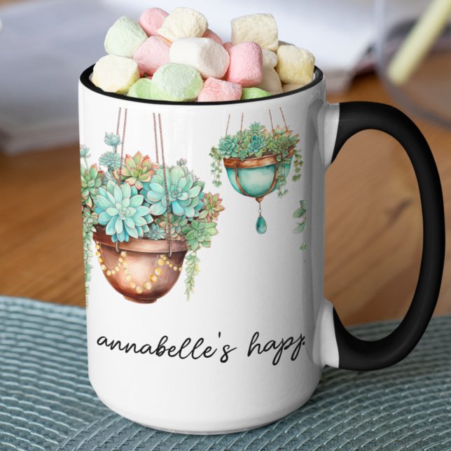 Caneca Turquesas e Plantas Suculentas de Armadilha de Cob (Cute succulent plant mug with copper and turquoise.  Customize this for your plant loving friends. )