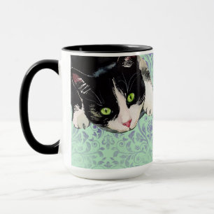 Caneca Tuxedo Cat & Black Cat no Damask Impressão