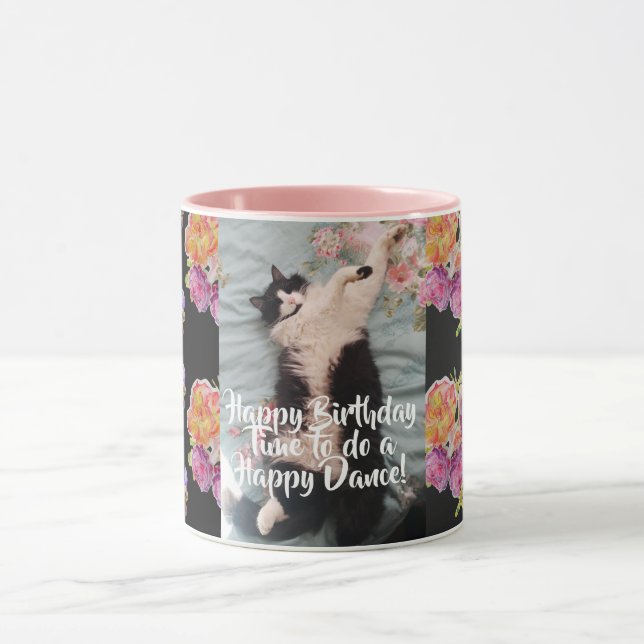 Caneca Tuxedo Cat Engraçado Dança Feliz Rosa de Aniversár (Centro)