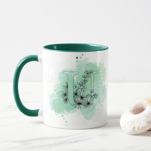 Caneca U Monograma com Cor de Água Inicial Botânica Verde (Com Donut)
