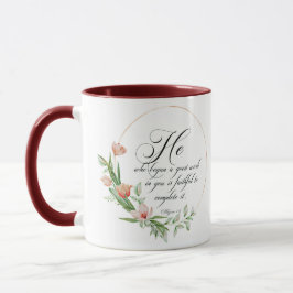 Caneca Um bom trabalho, moldura de tulipas rosa