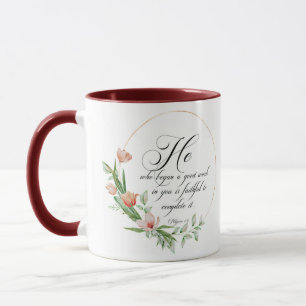 Caneca Um bom trabalho, tulipas rosa enquadram