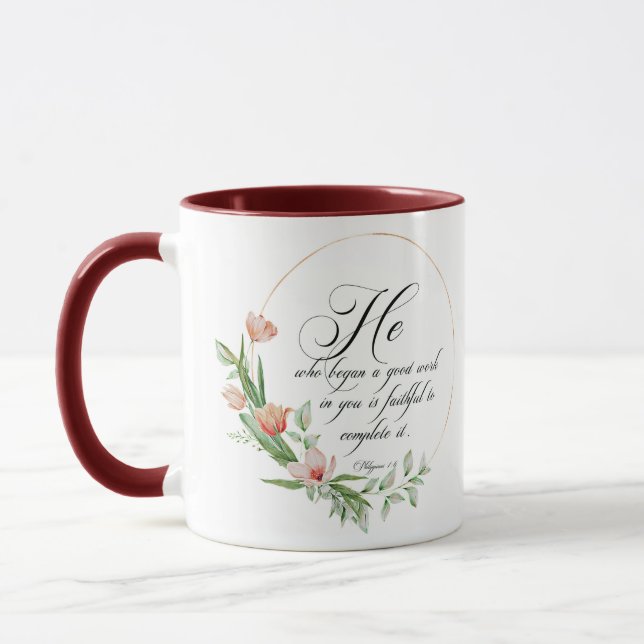 Caneca Um bom trabalho, tulipas rosa enquadram  (Esquerda)