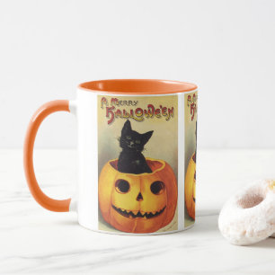 Caneca Um Feliz de Halloween, Gato Preto Vintage em Pumpk