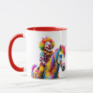 Caneca Um palhaço e seu cavalo multicolorido.