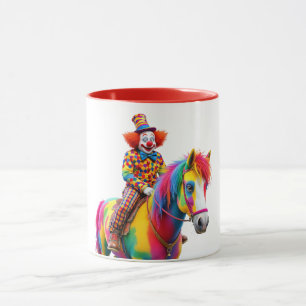 Caneca Um palhaço engraçado montando um cavalo multicolor