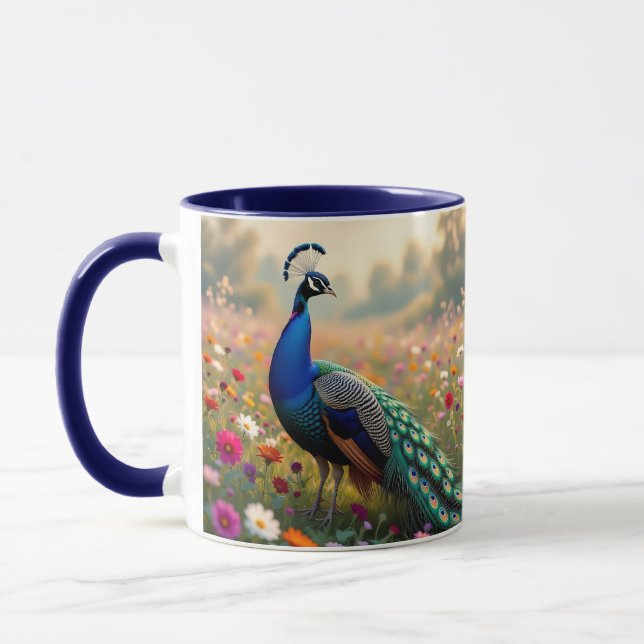 Caneca Um Pavão Turquesa e Azul em Flores (Esquerda)