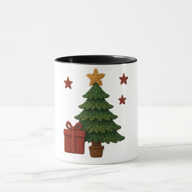 Caneca Um presente de árvore de tricô fofo (Centro)