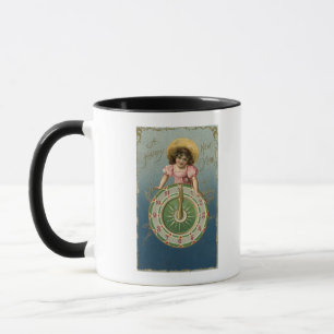 Caneca Um YearGirl novo feliz sobre um pulso de disparo