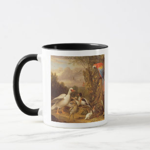 Caneca Uma arara, patos, papagaios e outras aves em terra