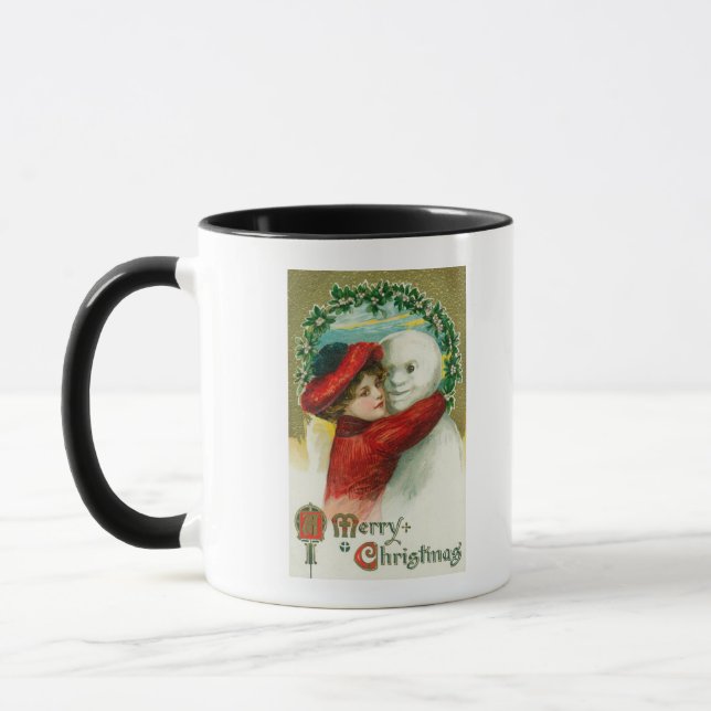 Caneca Uma Cena de Neve Feliz de Natal Abraçando Neve (Esquerda)