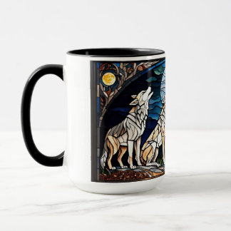 Caneca Uma família de lobos uivando na lua