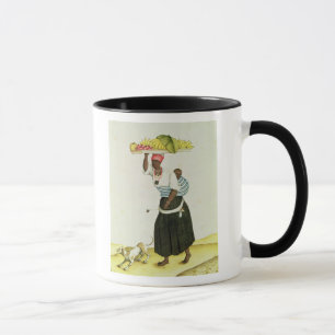 Caneca Uma mulher que leva uma bandeja de fruta em sua