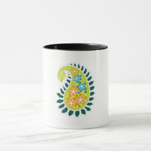 Caneca uma paisagem amarela e verde com folhas e flores