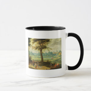 Caneca Uma paisagem da vila por um rio