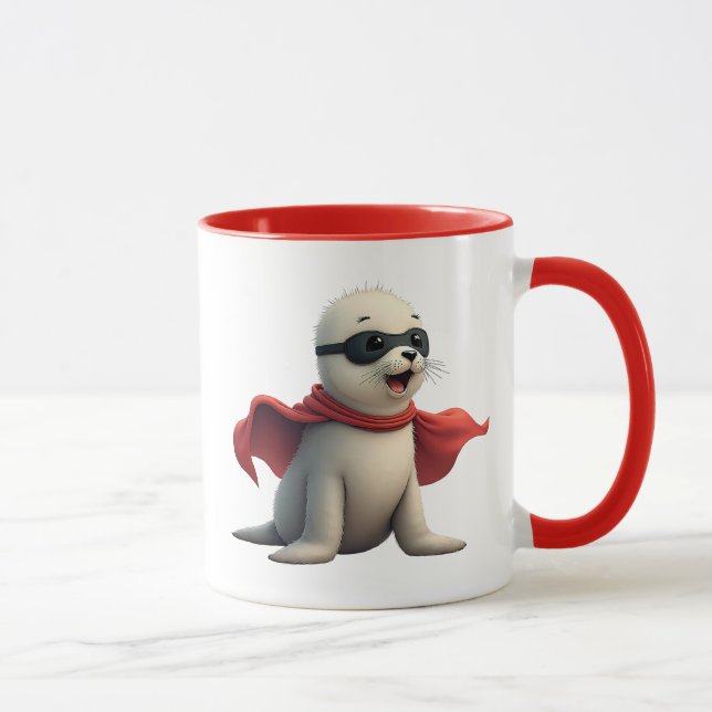 Caneca Un bébé phoque super-héros. (Direita)