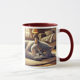 Caneca Un chat gris endormi dans un salon cosy.